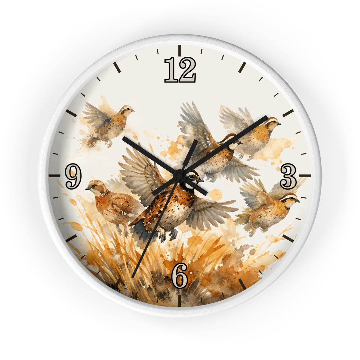 A round wall clock with a white frame and a watercolor-style bird illustration on the face. The design shows several brown and beige birds in flight over a warm tan and orange grassy scene, with black numerals and hands on a white background.