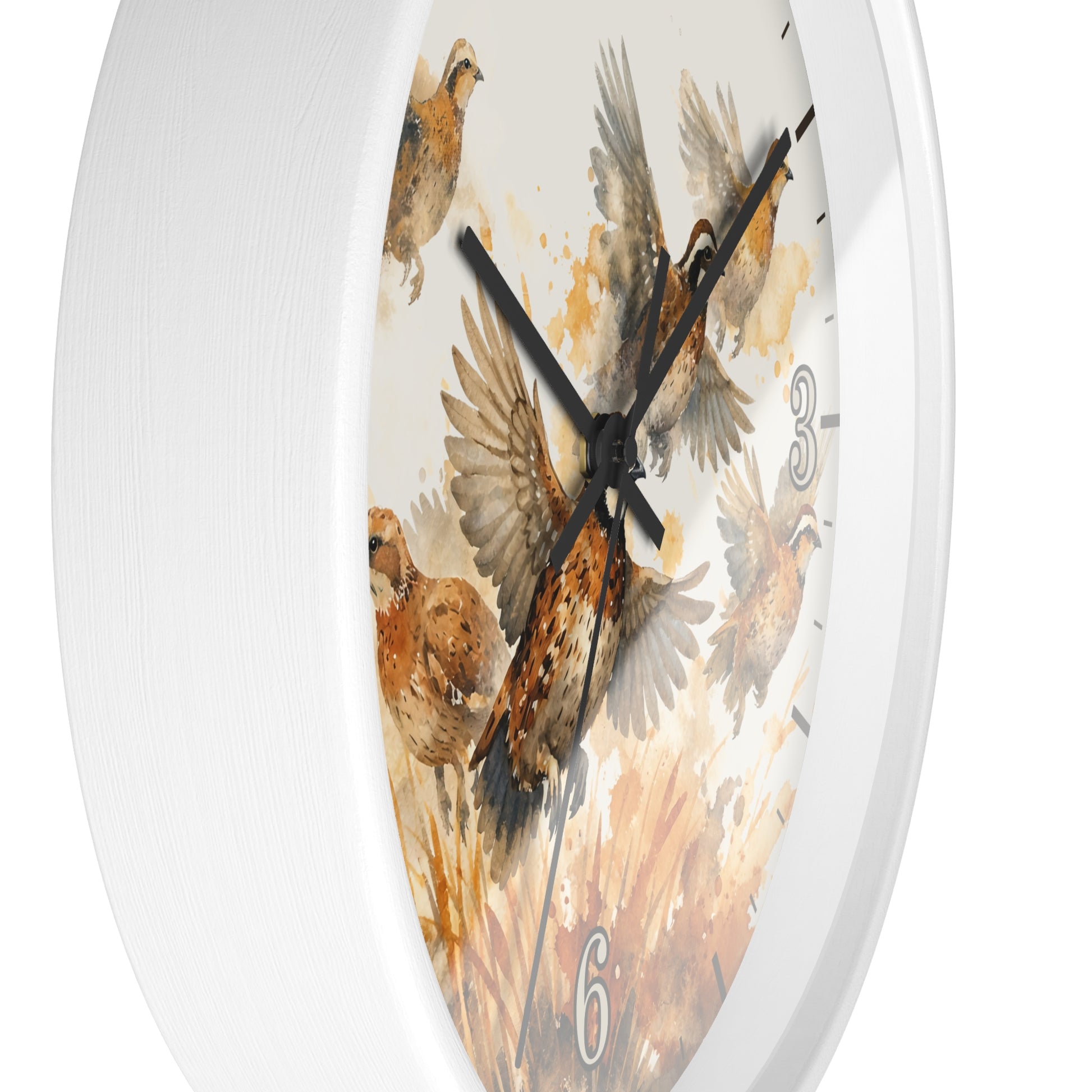 A white round wall clock with a watercolor-style bird illustration on the face, showing several brown and beige birds with black hands and partial white numerals.