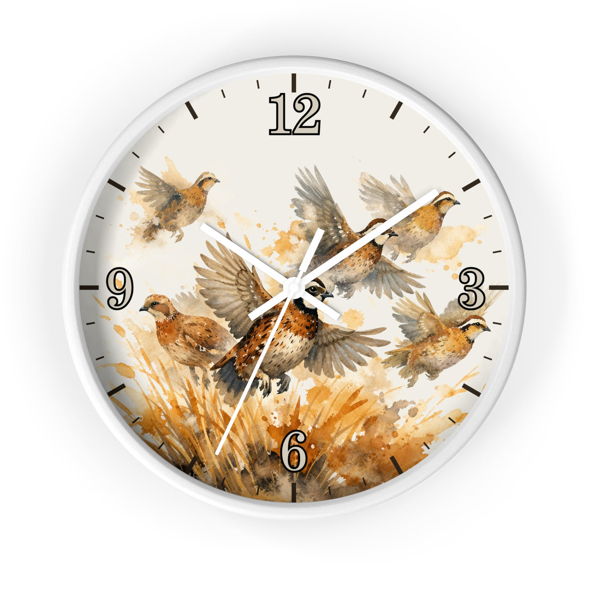 Round white framed wood clock with a watercolor illustration of quails in flight on a white background.