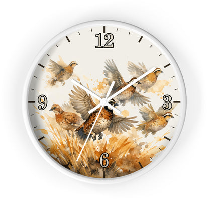 Round white framed wood clock with a watercolor illustration of quails in flight on a white background.