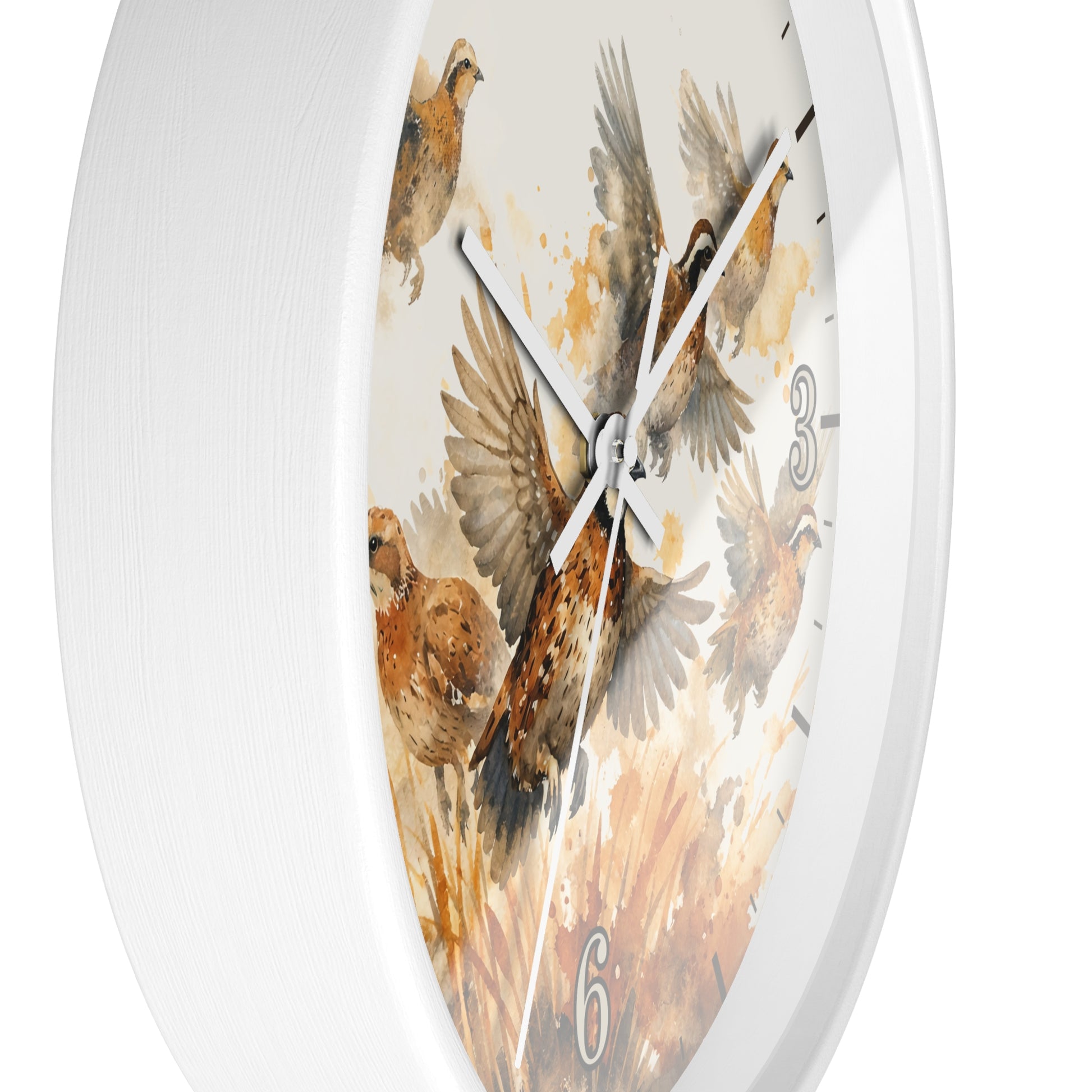 A white round wall clock featuring a watercolor-style print of several brown pheasant birds on the face, with white hands and partial black Arabic numerals visible.