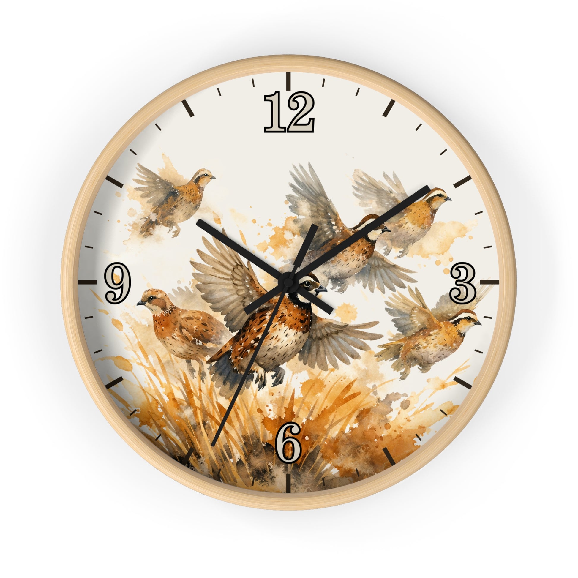 Round wall clock with a light natural wood frame and a watercolor-style bird print on the dial. The face shows several brown, beige, and gray birds in flight over a warm tan and cream background, with black numerals and hands.