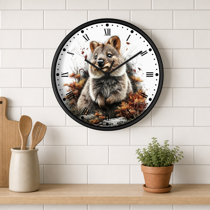 A round wall clock with a black frame hangs on a white subway tile wall above a wooden shelf. The clock face features a detailed illustration of a gray and brown quokka surrounded by autumn leaves.
