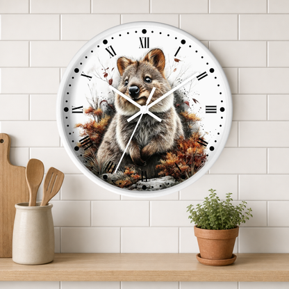 A round wall clock with a white face and Roman numerals, featuring a detailed illustration of a brown and gray quokka surrounded by autumn foliage. The clock is mounted on a white subway tile wall above a wooden shelf with a small potted plant and wooden utensils.
