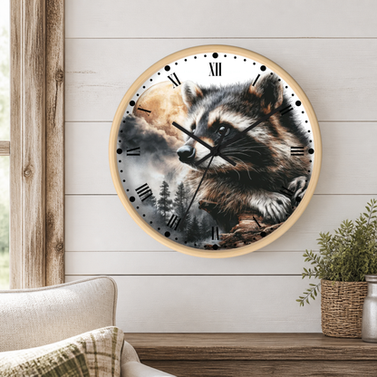 A round wall clock with a light wood frame and a detailed raccoon illustration on the face, mounted on a white shiplap wall above a wooden mantel with a small potted plant.