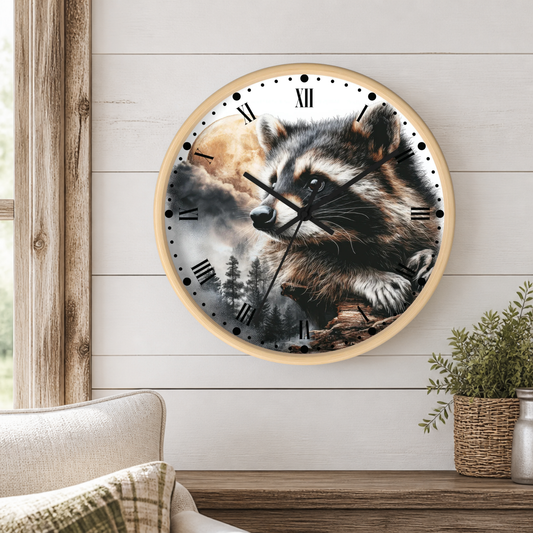 A round wall clock with a light wood frame and a detailed raccoon illustration on the face, mounted on a white shiplap wall above a wooden mantel with a small potted plant.