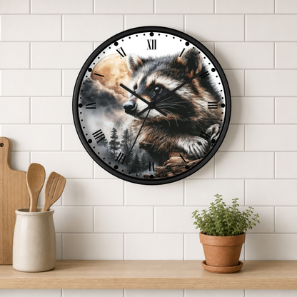 A round wall clock with a black frame and a detailed raccoon illustration on the face, mounted on a white subway tile wall above a wooden shelf with kitchen utensils and a potted plant.