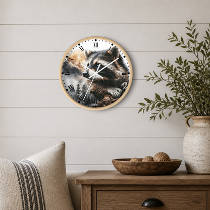 A round wall clock with a natural wood frame hangs on a white shiplap wall above a wooden side table. The clock face features a detailed illustration of a raccoon and a fox in a forest.
