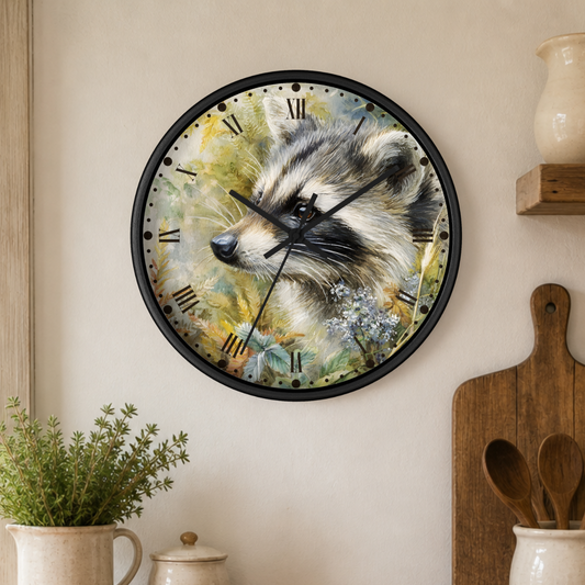 A round wall clock with a black frame hangs on a beige kitchen wall above a wooden shelf. The clock face features a detailed watercolor-style raccoon illustration with Roman numerals.