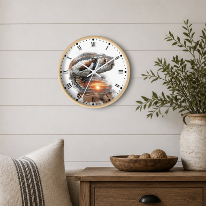A round wall clock with a light wood frame hangs on a white shiplap wall above a wooden side table. The clock face features a detailed illustration of a coiled snake wrapping around a glowing sun, with black Roman numerals and hands.