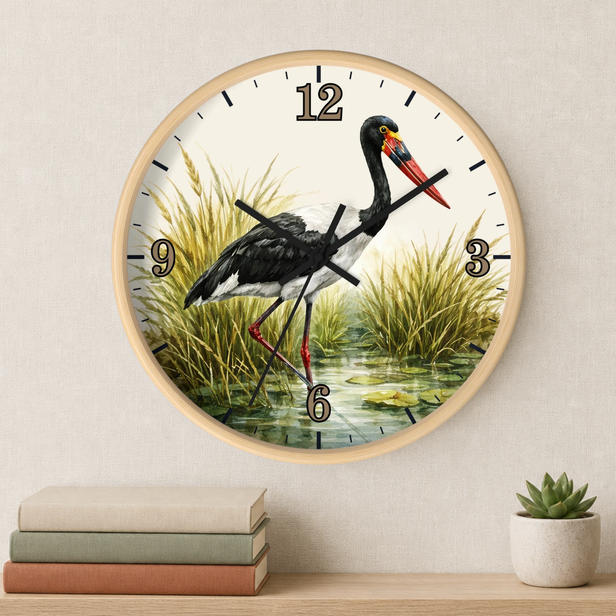 Red Billed Crane Wall Clock – Vintage Marsh Bird Clock for Nature Lovers