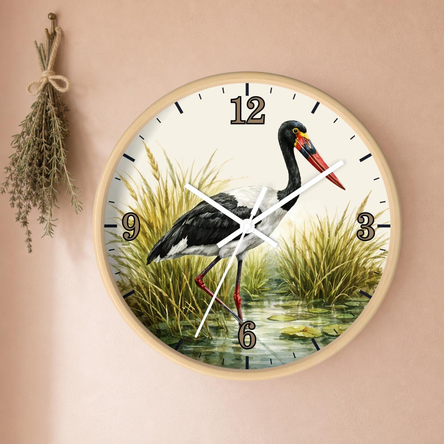 Red Billed Crane Wall Clock – Vintage Marsh Bird Clock for Nature Lovers