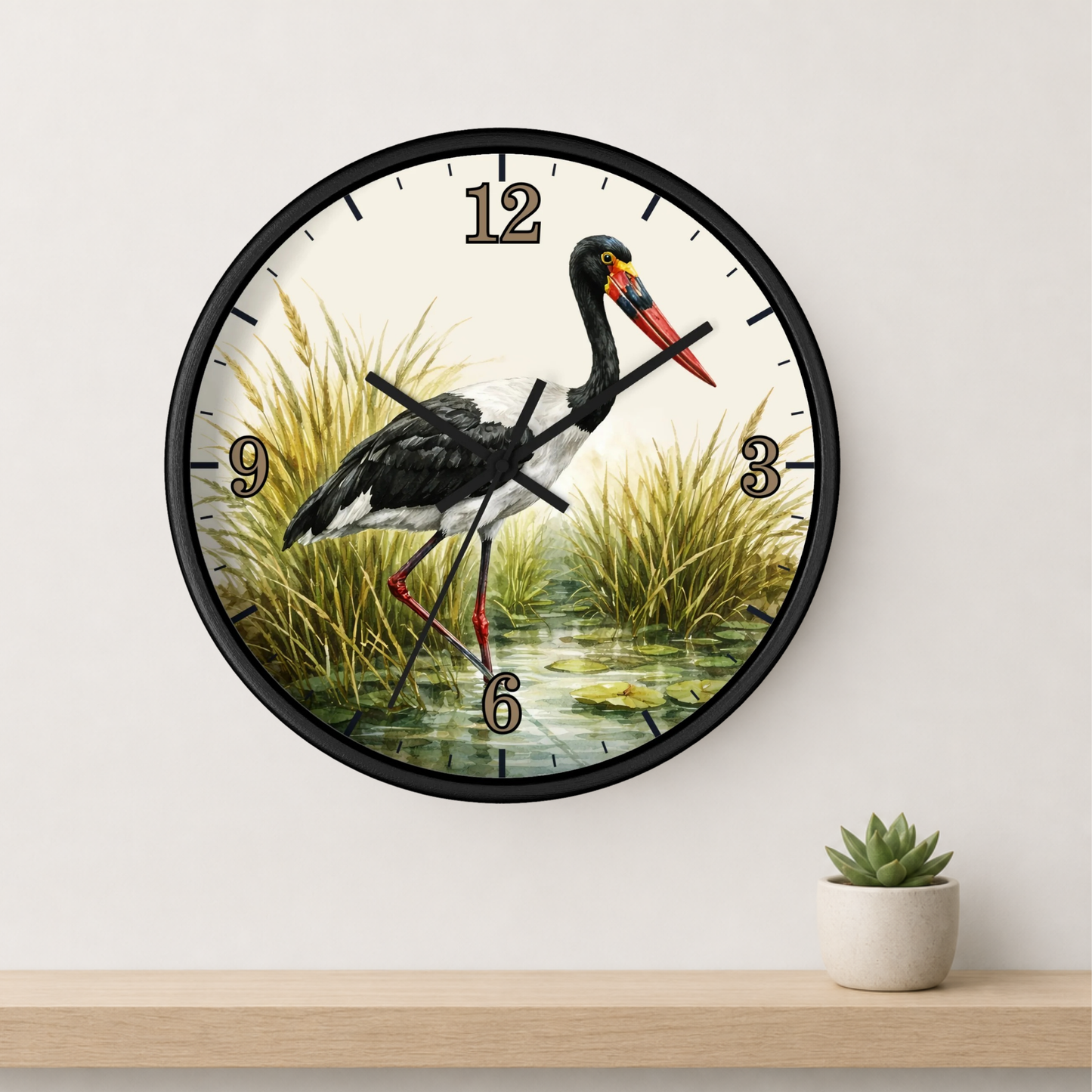 Red Billed Crane Wall Clock – Vintage Marsh Bird Clock for Nature Lovers