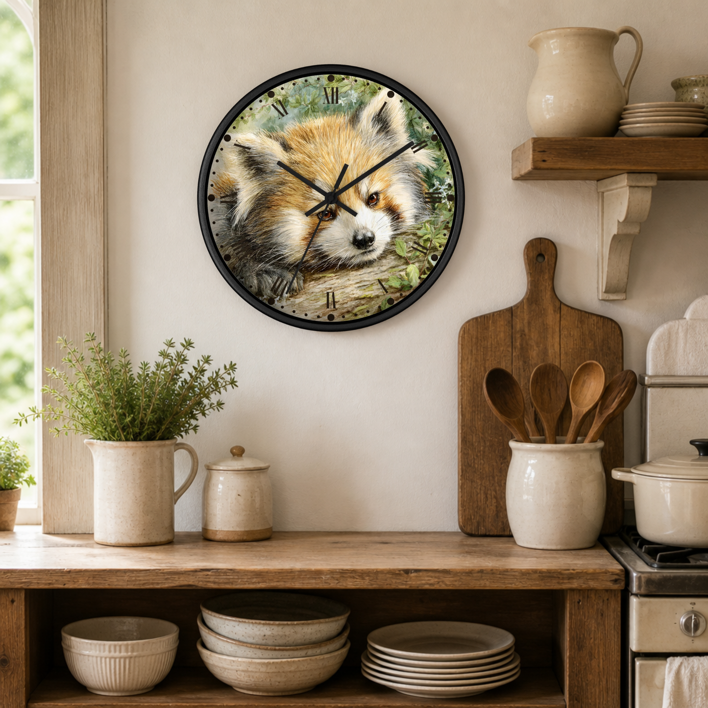 A round wall clock with a black frame hangs on a beige wall in a rustic kitchen setting. The clock face features a detailed illustration of a red pada's face.