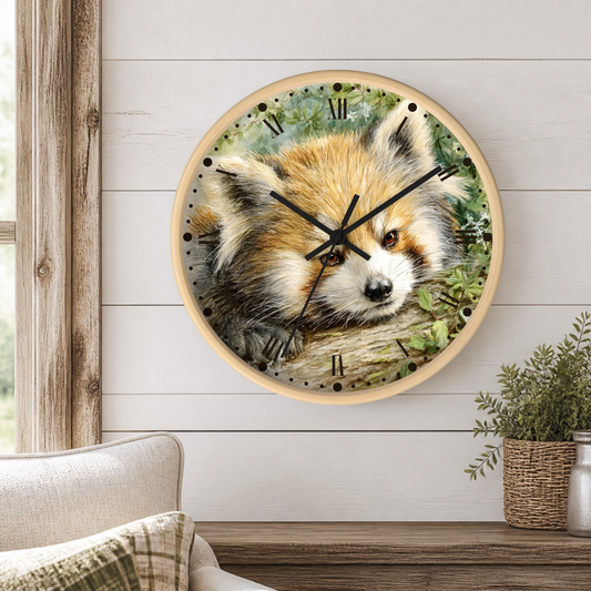 A round wall clock with a light wood frame and a printed red panda illustration on the face, mounted on a white shiplap wall above a wooden mantel with a small potted plant.
