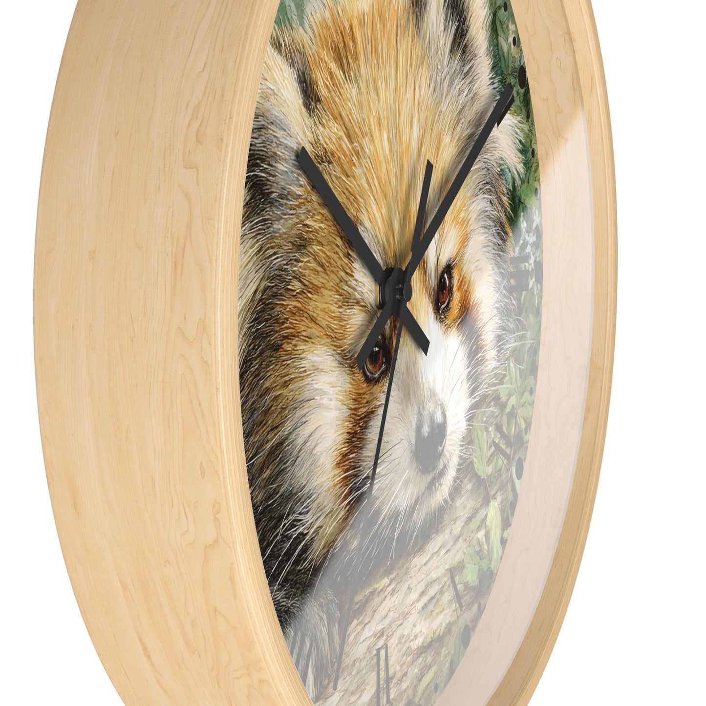 Round wall clock with a light natural wood frame and a printed red panda face design on the face, with black clock hands, shown against a plain white background.
