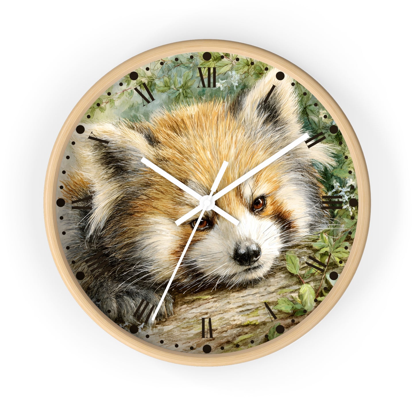 Round wall clock with a light wood frame and a printed red panda illustration on the face, featuring black Roman numerals and white clock hands on a white background.