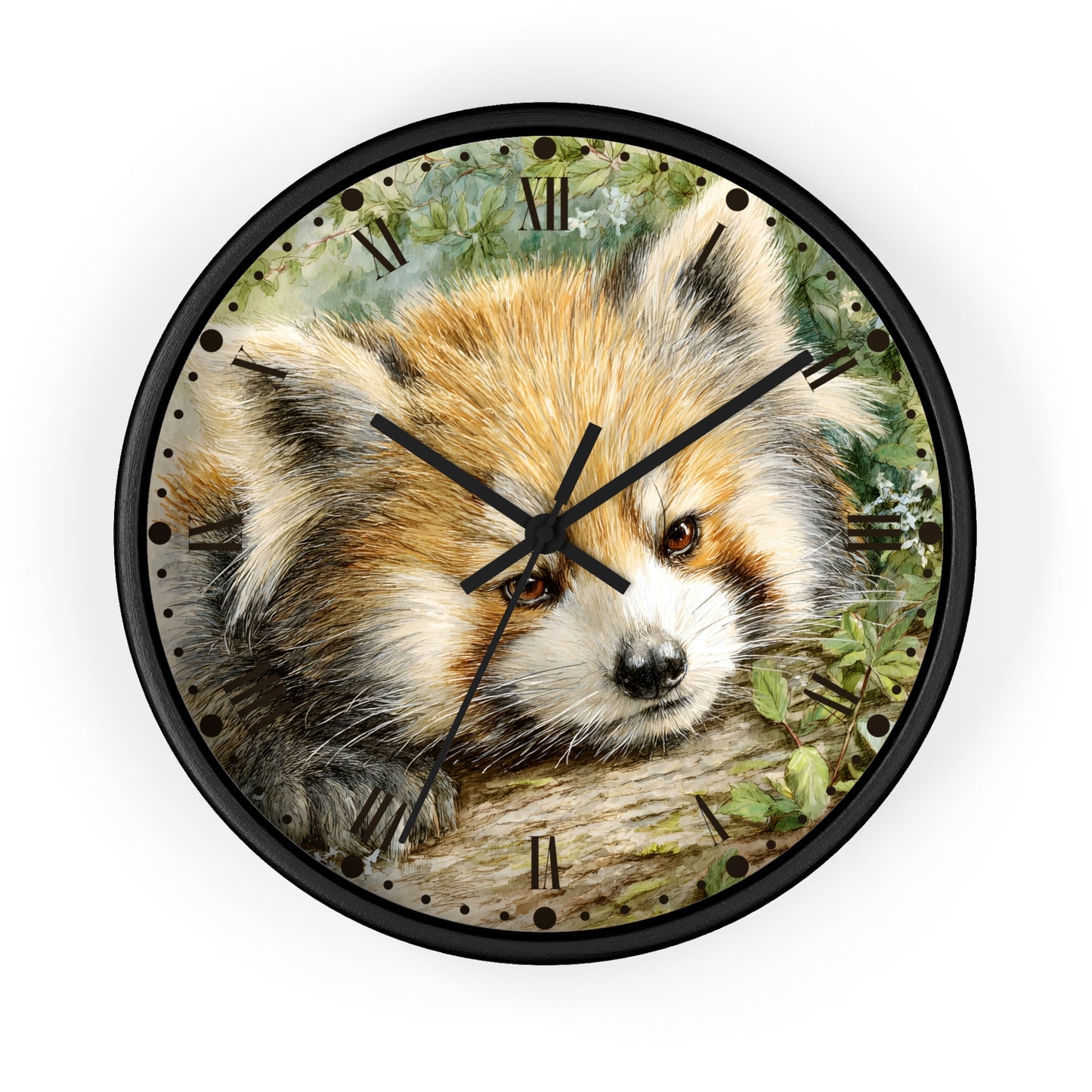 Round wall clock with a black frame and a printed illustration of a red panda on the face, with black Roman numerals and black clock hands, shown against a plain white background.