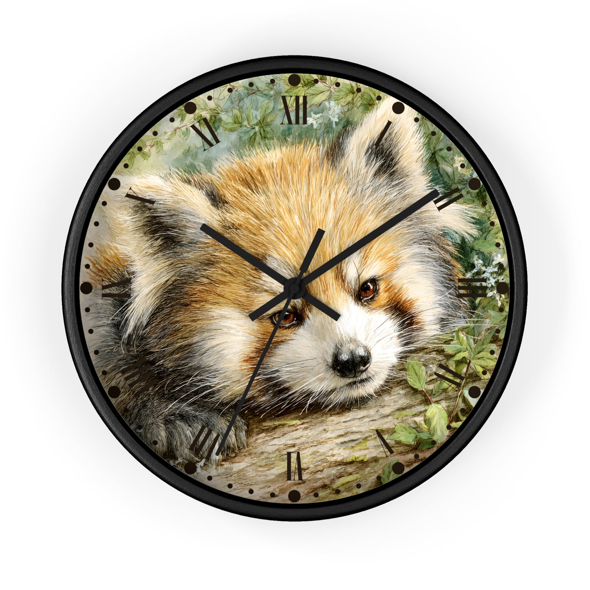 Round wall clock with a black frame and a printed illustration of a red panda on the face, with black Roman numerals and black clock hands, shown against a plain white background.