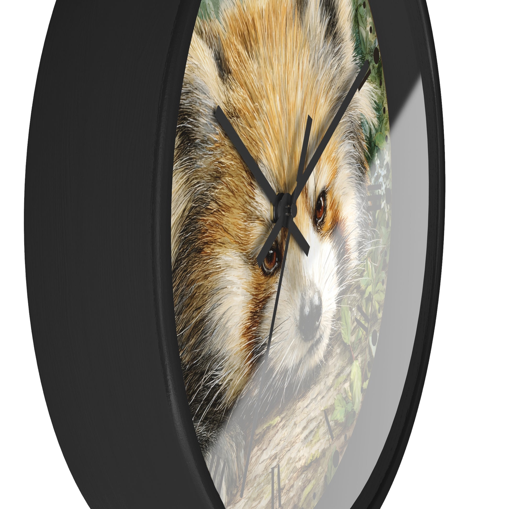 Round wall clock with a black frame and a printed red panda design on the face, shown against a plain white background.