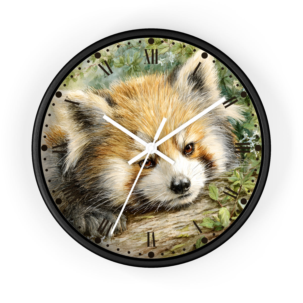 Round wall clock with a black frame and a printed illustration of a red fox on the face, with black Roman numerals and white clock hands, shown on a plain white background.