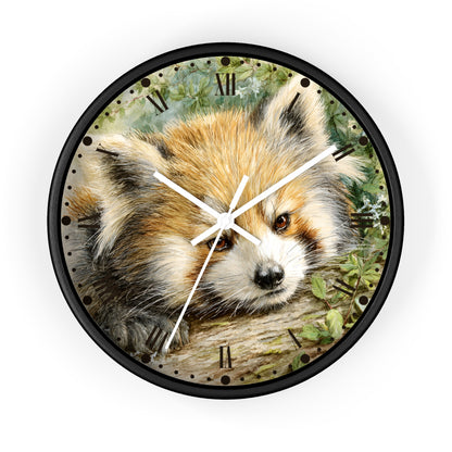 Round wall clock with a black frame and a printed illustration of a red fox on the face, with black Roman numerals and white clock hands, shown on a plain white background.