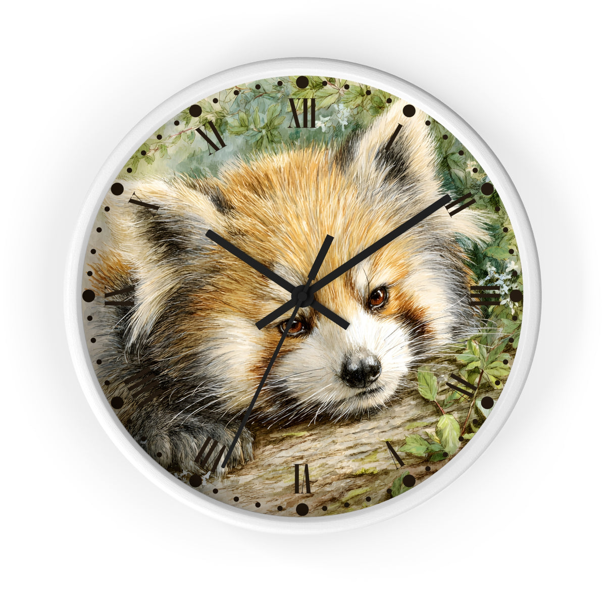 Round wall clock with a white frame and a printed illustration of a red panda resting on a log, with black Roman numerals and black clock hands, shown against a plain white background.