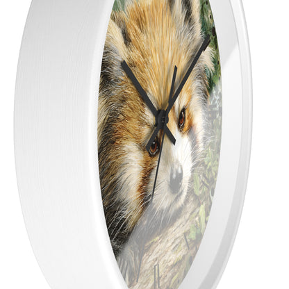 Round wall clock with a white frame and a printed red panda face design on the face, with black clock hands, shown against a white background.