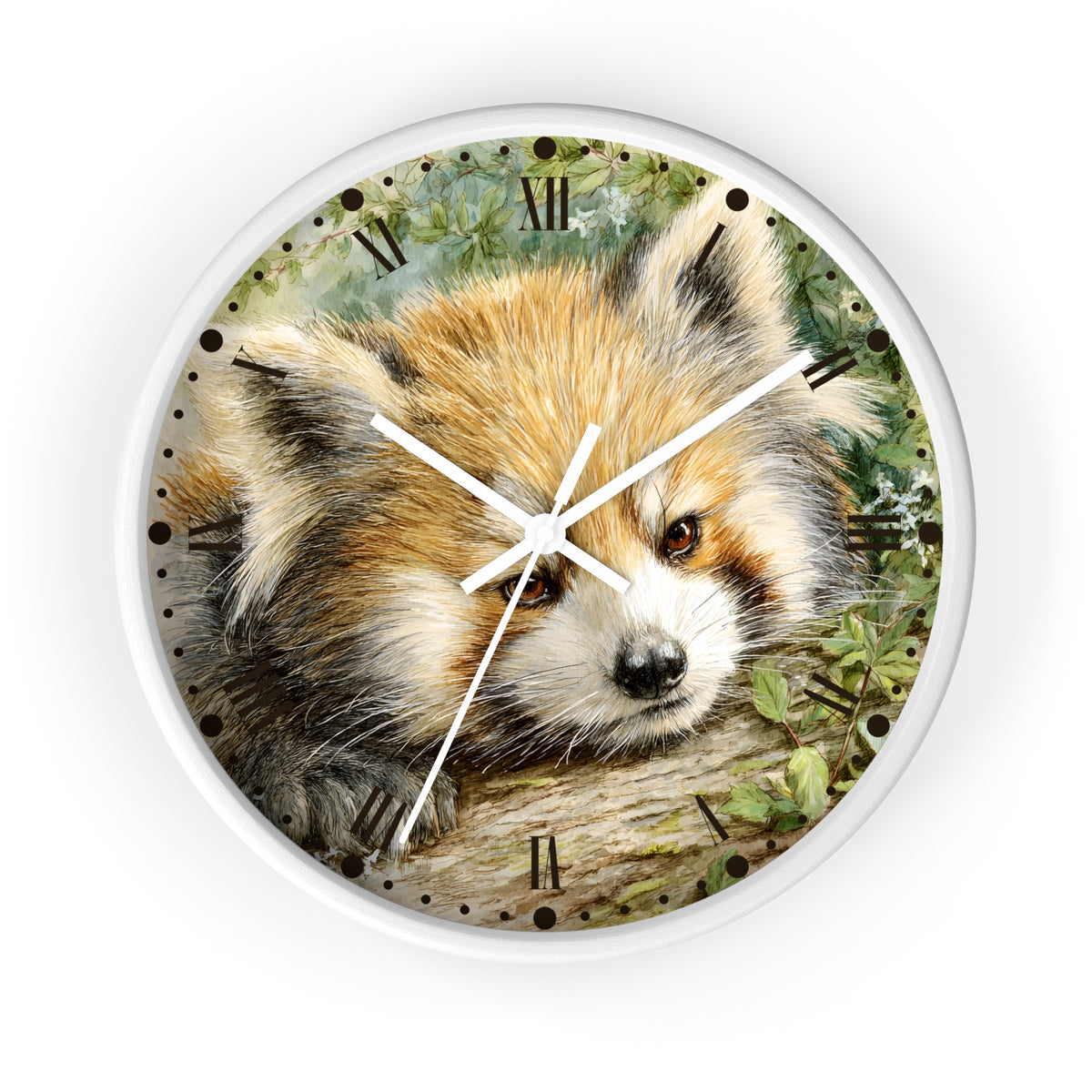 Round wall clock with a white frame and a printed illustration of a red panda resting on a log, with black Roman numerals and white clock hands on a white background.