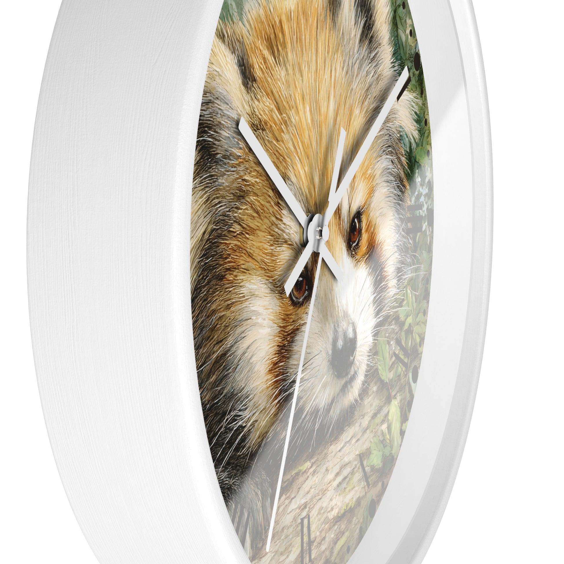 Round wall clock with a white frame and a printed red panda face design on the face, shown against a plain white background.