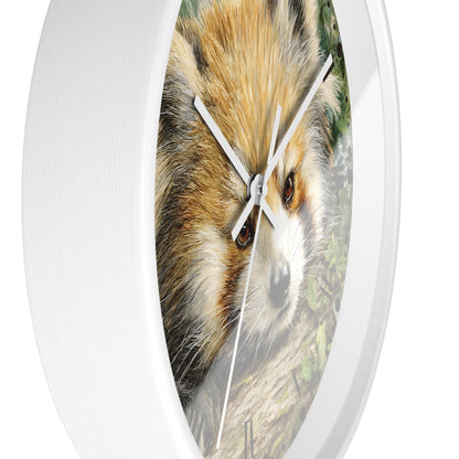 Round wall clock with a white frame and a printed red panda face design on the face, shown against a plain white background.