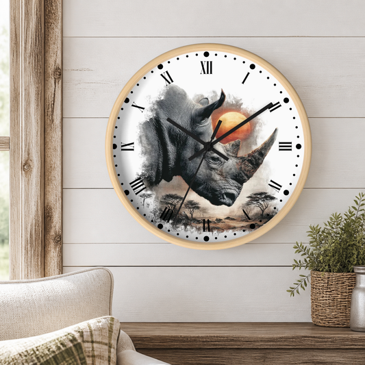 A round wall clock with a light wood frame hangs on a white shiplap wall above a wooden table. The clock face features a detailed illustration of a rhinoceros with an orange sun and savanna landscape.
