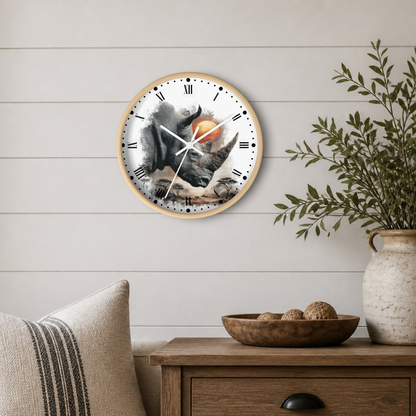 A round wall clock with a light wood frame hangs on a white shiplap wall above a wooden side table. The clock face features a detailed illustration of a gray rhinoceros in front of an orange sun, with black Roman numerals and white clock hands.
