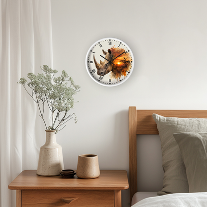 A round wall clock with a white face and black Roman numerals hangs on a light gray wall above a wooden nightstand. The clock face features a surreal artistic print of a Rhinoceros head merging into a fiery orange and yellow sunset.