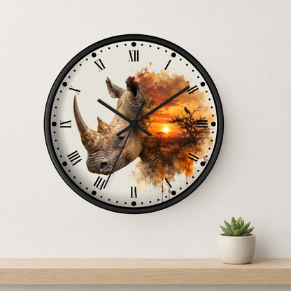 A round wall clock with a black frame and Roman numerals, featuring a rhinoceros head merged with an orange sunset landscape on the face. The clock is mounted on a white wall above a light wood shelf with a small potted succulent.