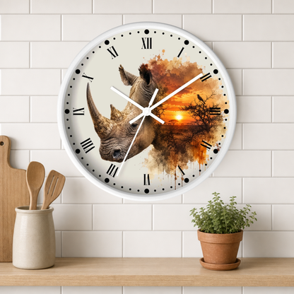 A round wall clock with a white frame hangs on a white subway-tile wall above a wooden shelf. The clock face features a watercolor-style rhinoceros illustration blending into an orange sunset scene.
