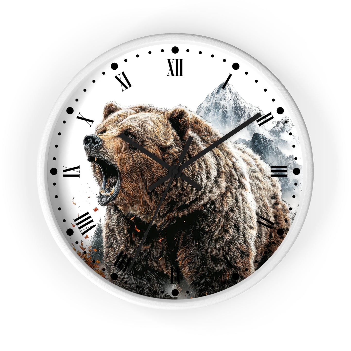 Round wall clock with a white face, black Roman numerals, black hands, and a printed graphic of a roaring brown bear in front of snowy mountains.