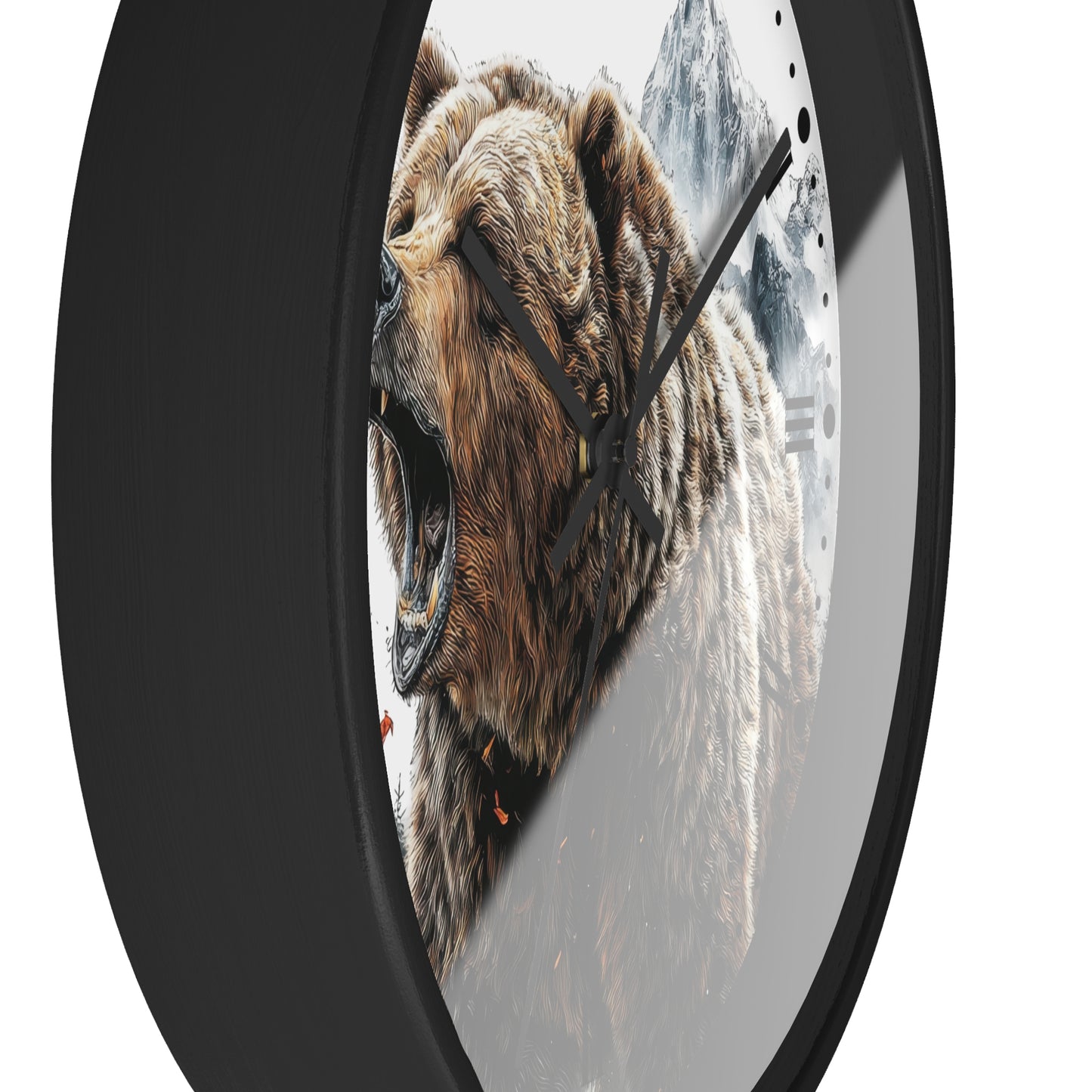 Round wall clock with a black frame and a printed design of a roaring brown bear in front of snowy mountains, shown against a white background.