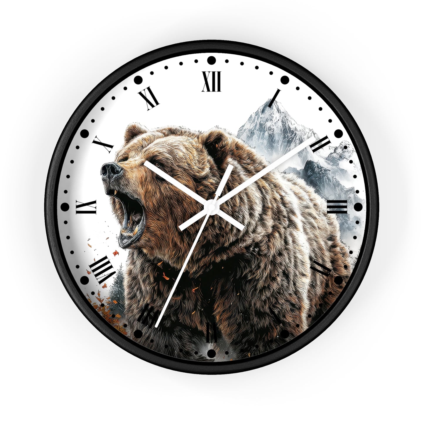 Round wall clock with a black frame and a printed design of a roaring brown bear in front of snowy mountains, with Roman numerals on a white dial.