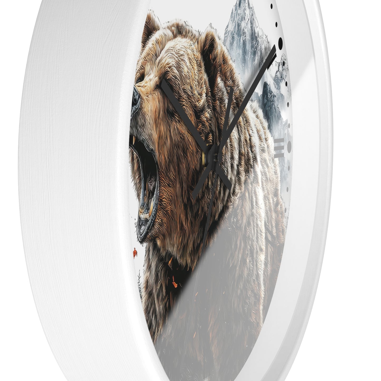 A round white wall clock featuring a detailed graphic print of a roaring brown bear with gray mountain peaks in the background.