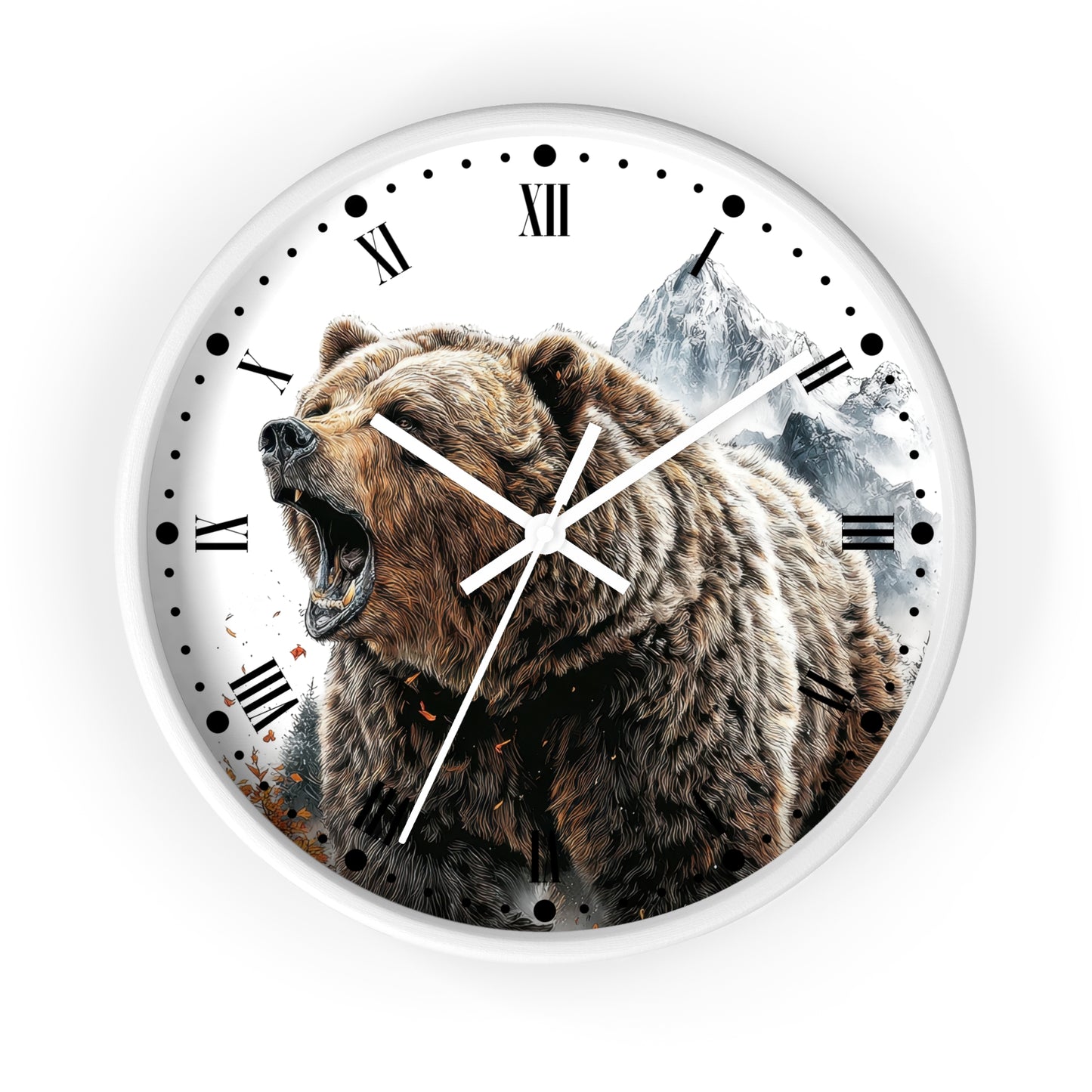 Round wall clock with a white face, black Roman numerals, and a large roaring brown bear over a mountain scene, shown on a light gray background.