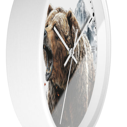 Round wall clock with a white frame and a printed design of a roaring brown bear over gray mountain peaks, with white hands and small black minute markers.