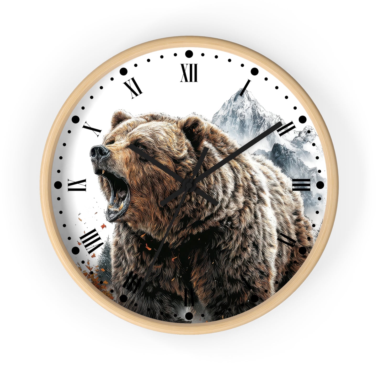 Round wall clock with a light wood frame, featuring a printed design of a roaring brown bear in front of snowy mountains on a white face with black Roman numerals.