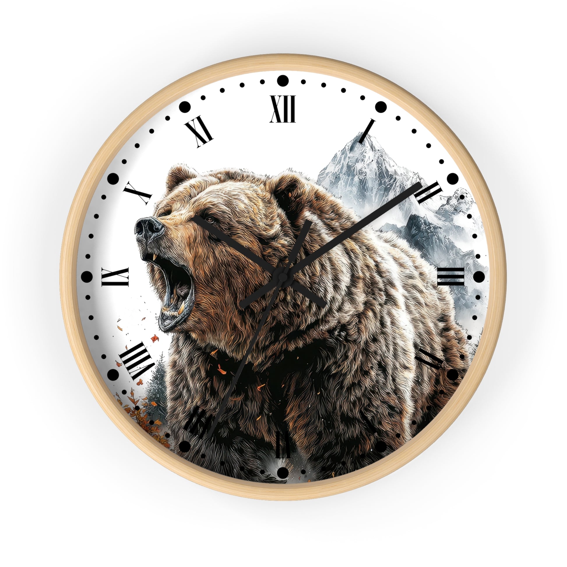 Round wall clock with a light wood frame, featuring a printed design of a roaring brown bear in front of snowy mountains on a white face with black Roman numerals.