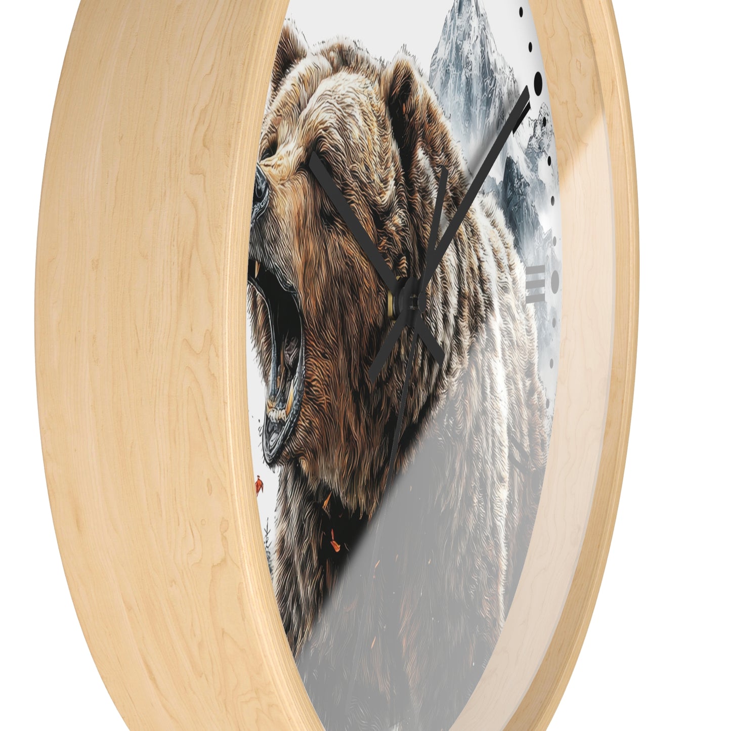 Round wall clock with a light natural wood frame and a printed graphic of a roaring brown bear in front of snowy mountains, shown against a plain white background.