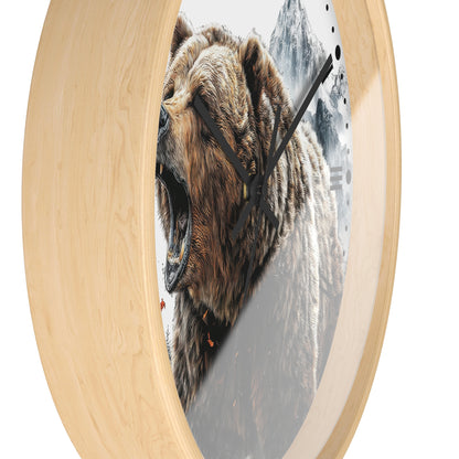 Round wall clock with a light natural wood frame and a printed graphic of a roaring brown bear in front of snowy mountains, shown against a plain white background.