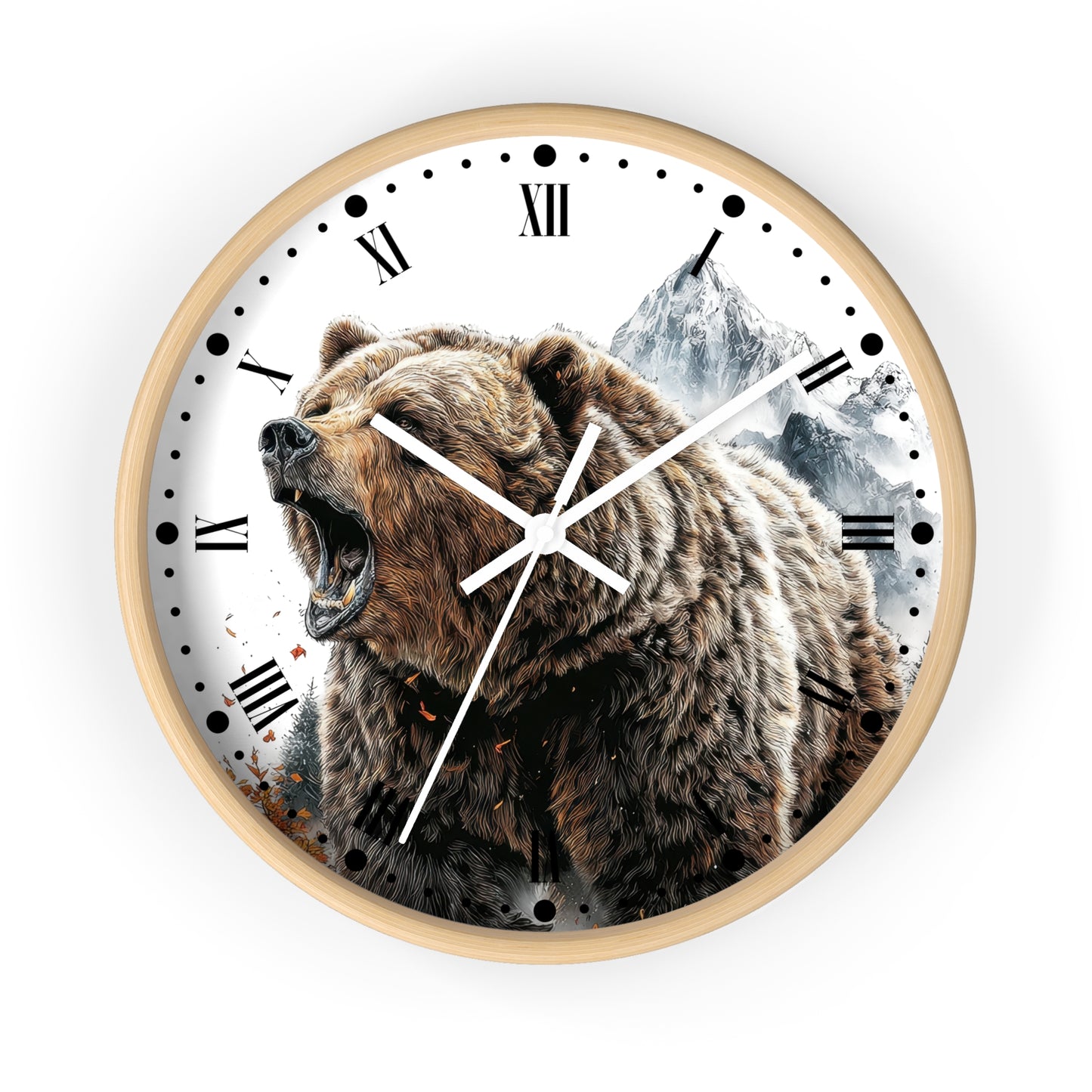 Round wall clock with a light wood frame, featuring a printed design of a roaring brown bear in front of snowy mountains on a white dial with Roman numerals.