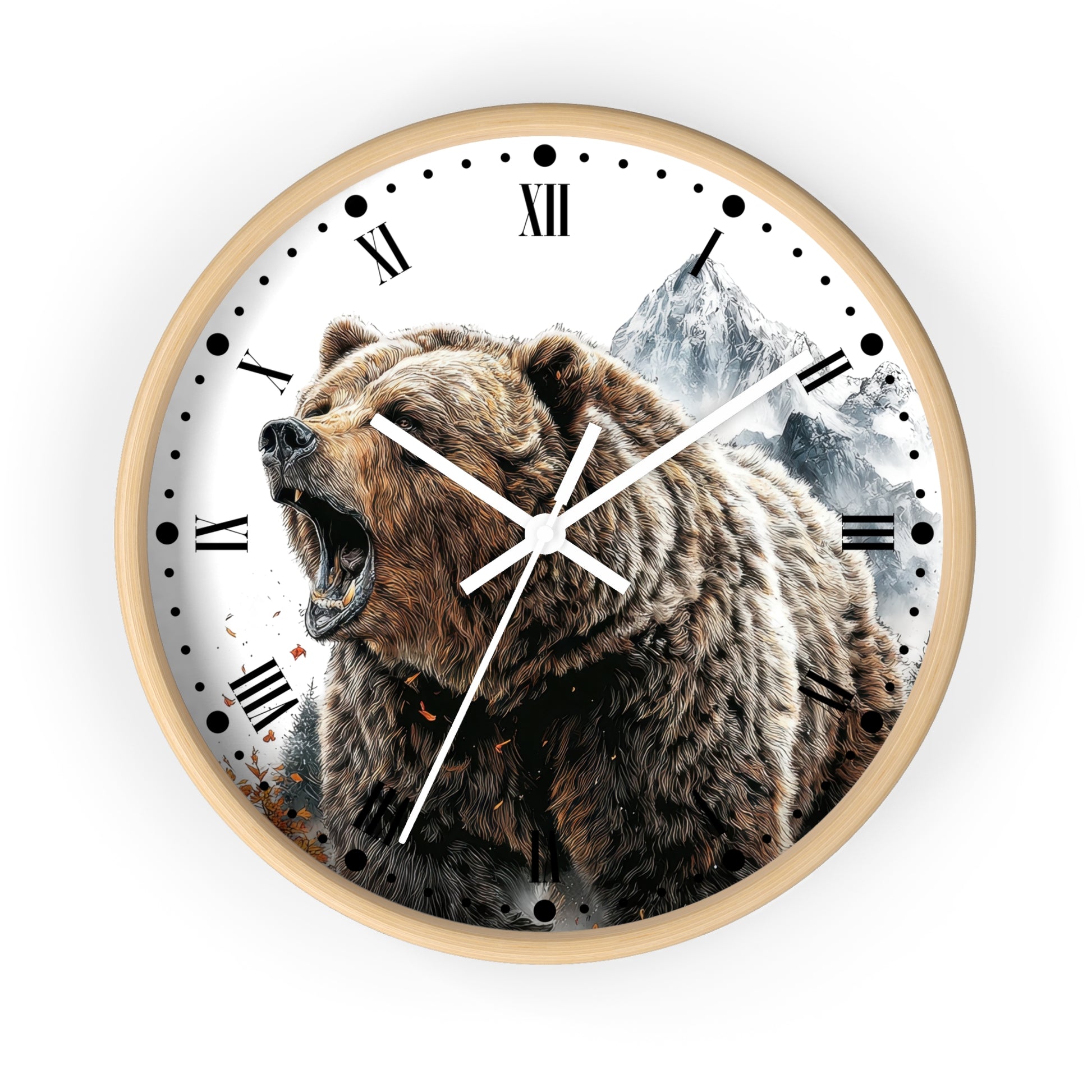 Round wall clock with a light wood frame, featuring a printed design of a roaring brown bear in front of snowy mountains on a white dial with Roman numerals.