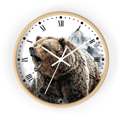 Round wall clock with a light wood frame, featuring a printed design of a roaring brown bear in front of snowy mountains on a white dial with Roman numerals.