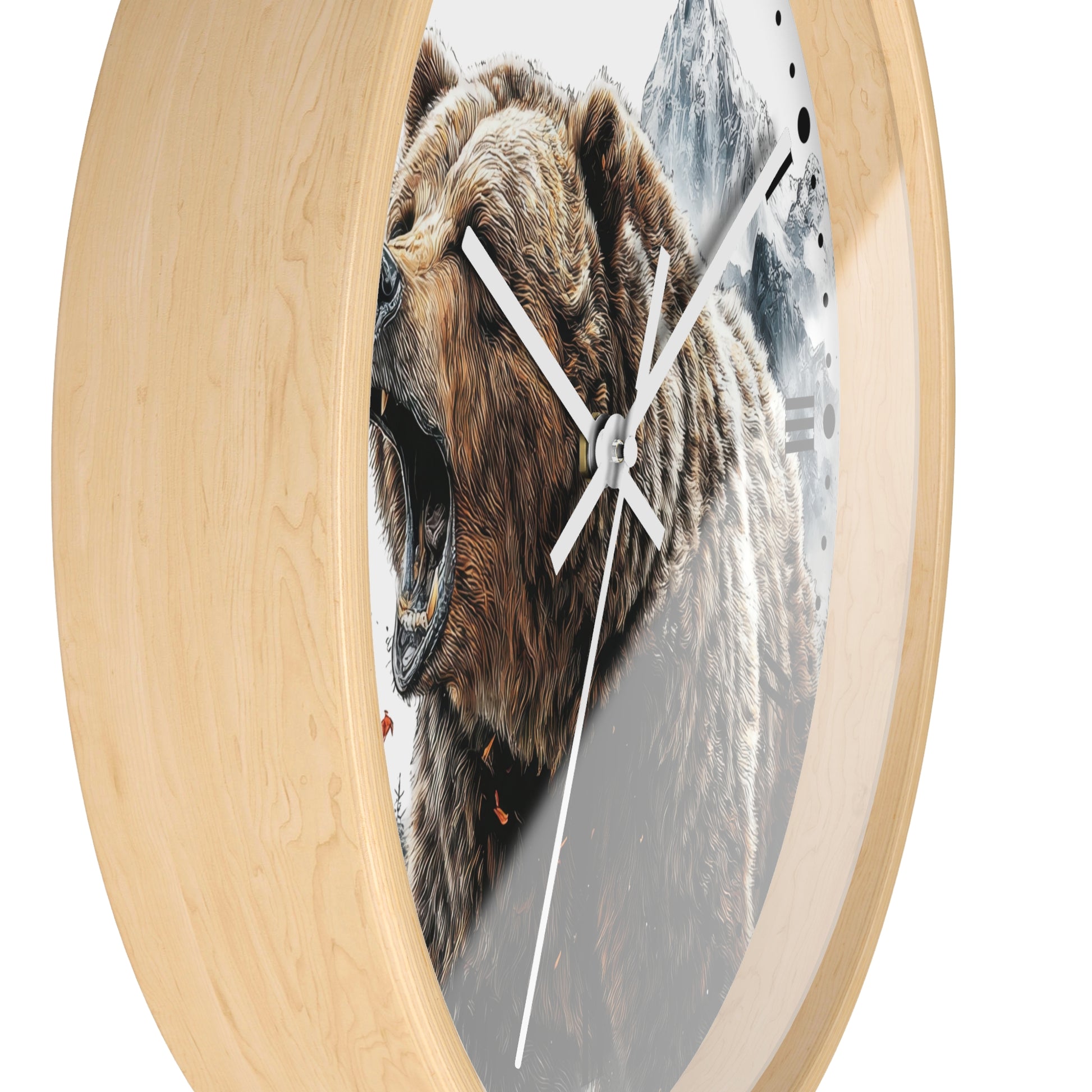 Round wall clock with a light natural wood frame and a printed design of a roaring brown bear in front of snowy mountains, shown on a white background.